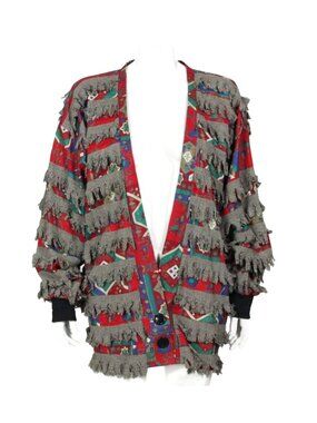 Vtg 90s Paula Sweet Muslin Mink Blazer Sz M Art Colorful Fringe Coatigan /094